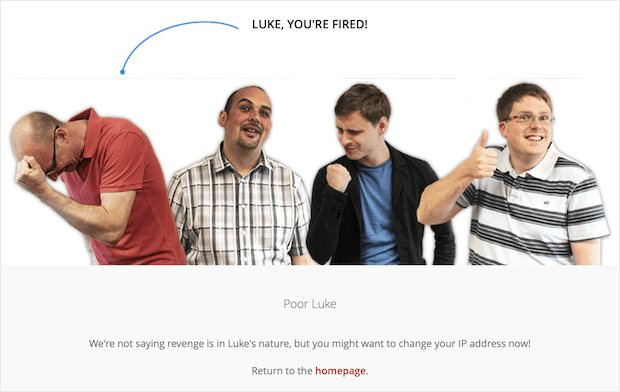 esleejihye's tweet photo. There are many creative 404 pages out there but this one from Email Center UK has a different approach. They have created an interactive 404 error page to give their users a good laugh. They let you fire one of their developers for stumbling on an error page. #BUSM19 https://t.co/oDFH3BXP5F