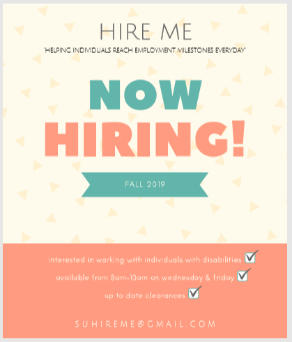 Are you interested in meaningful employment? HIRE ME is seeking dedicated &amp; compassionate student workers who want to help individuals with disabilities maintain employment. This on-campus job is a great resume builder. Please email suhireme@gmail.com to apply NOW!