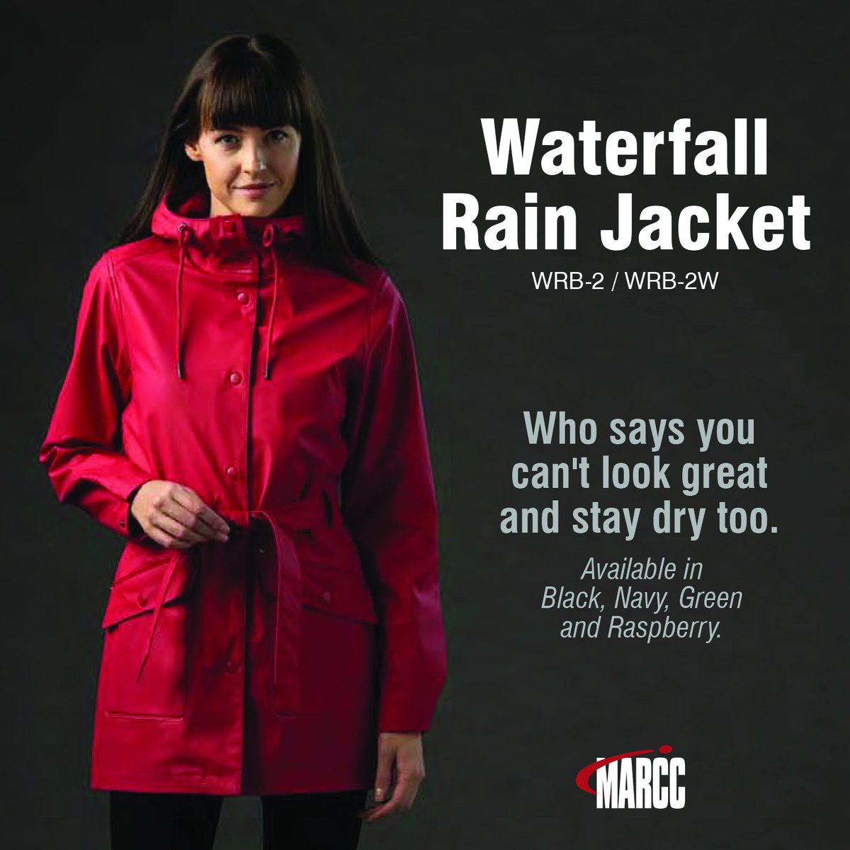 April showers. That doesn't mean you can't stay fashionable. The Waterfall Rain Jacket keeps you dry and looking good while you're braving the elements. #marcc