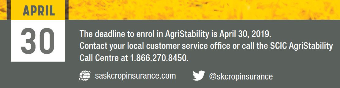 skcropinsurance's tweet photo. The deadline to pay your AgriStability Program fees or cancel participation is April 30, 2019. There will be no other deadline or intake periods. Learn more: https://t.co/NzmE9Hosmh. #AgriStability #SaskAg #SCICdeadline https://t.co/yiRzf8H0ss