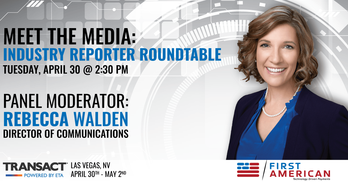 rebeccacwalden's tweet photo. Just 3 more weeks til #ETATRANSACT! Will I see you there? 

Join us for this year’s Industry Roundtable, with insights from @payments_source senior editor @plasticpayments and @JohnStewart70 of @DTPaymentNews. #Payments #mediarelations https://t.co/iS4RWkaOG8