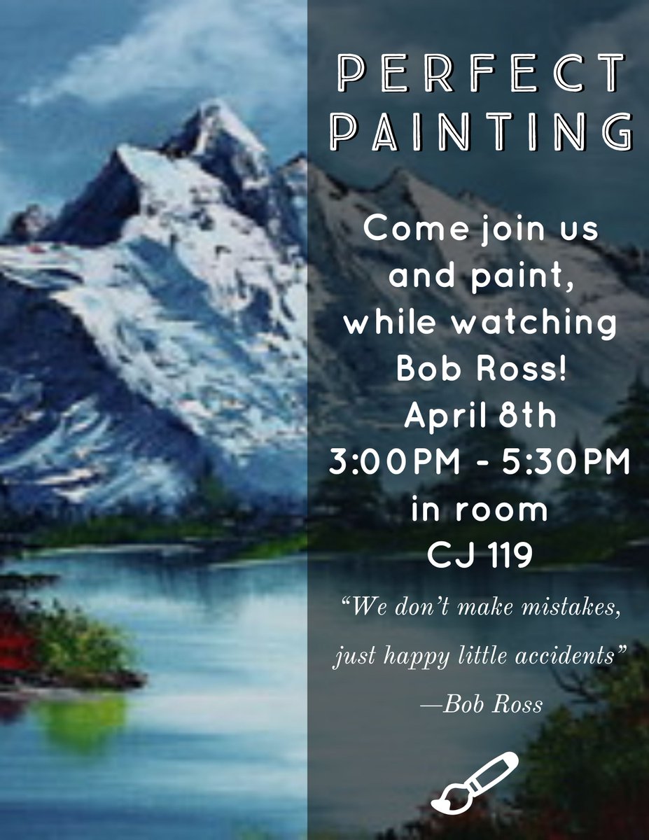 Come out and paint with us, while watching Bob Ross! Merancas SGA will be in CJ 119 from 3pm-5:30pm. Supplies will be provided while they last. So come paint! #cpccstudentlife #merancassga #mightymerancas