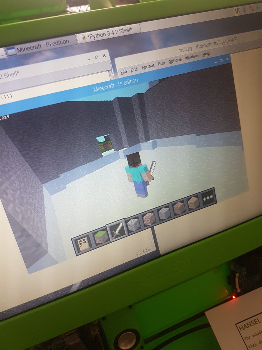 CraftyComputing's tweet image. Today I got to work with a lovely group of children at The Teen Bar at Ashington Life Centre. I particularly liked the ice rink blocks that appeared when you walked on grass and the invisible bedrock tunnel surrounded by lava... #minecraftpi