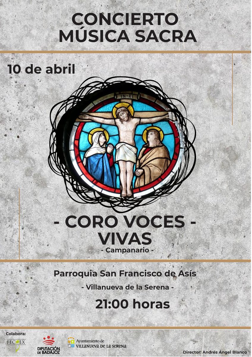 VivasVoces's tweet photo. 🎼 ¡No paramos! Este miércoles, concierto sacro en la Parroquia San Francisco de Asís (Villanueva de la Serena).

⏱ 21:00 horas.
➡️ Colabora @aytovvaserena, @InfoFecoex  y @DipdeBadajoz.
¡¡Os esperamos!! https://t.co/l8jhYsMVbU