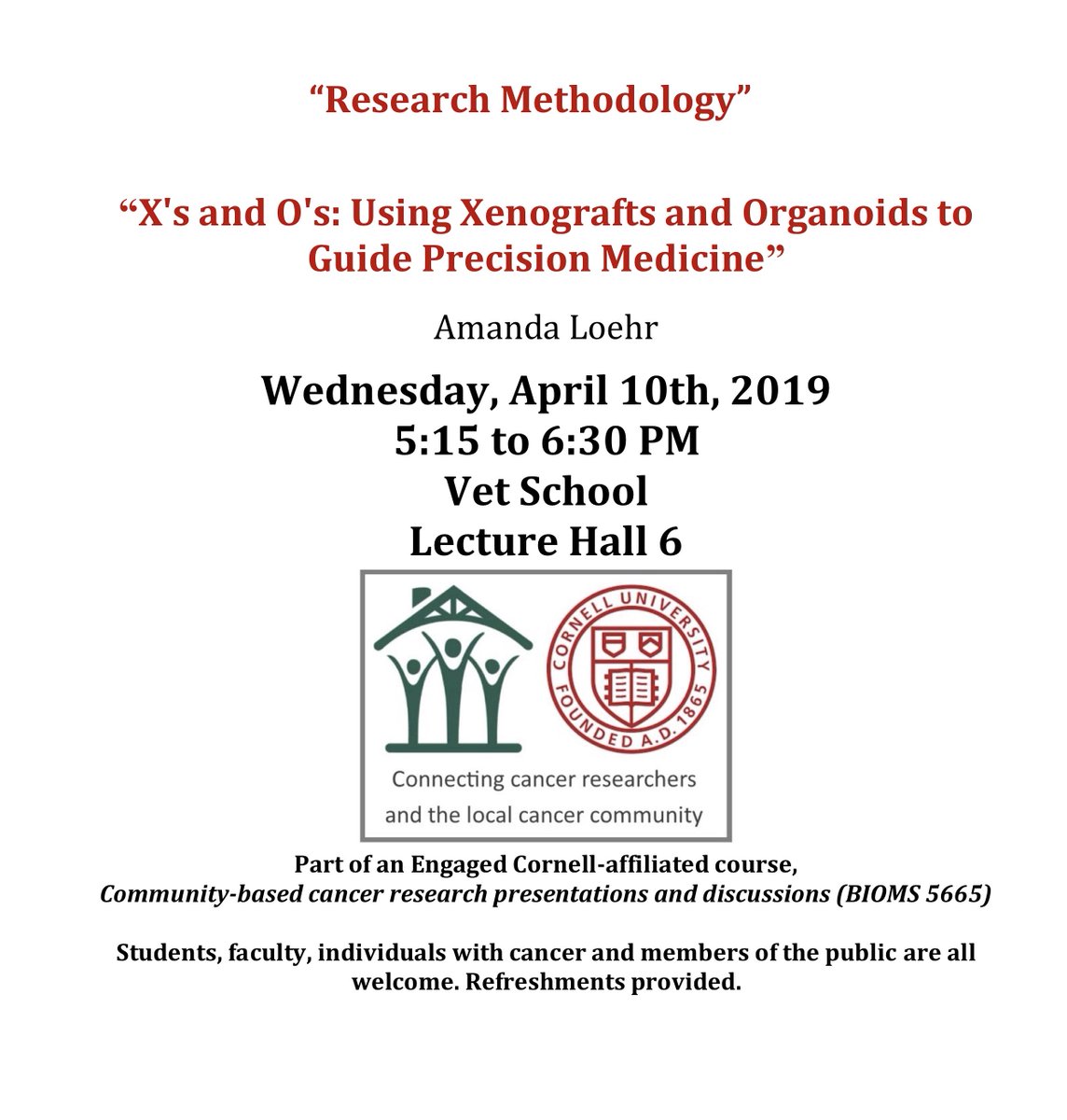 CancerCornell's tweet photo. Join us this Wednesday, April 10, 5:15 - 6:30. Amanda Loehr will talk about X's and O's (Xenografts and Organoids). We'll also provide provide feedback to students as they prepare their blogs. Everyone is welcome! #cornellpsoc #cornellcancerpartnership https://t.co/QWjMhHXxj7