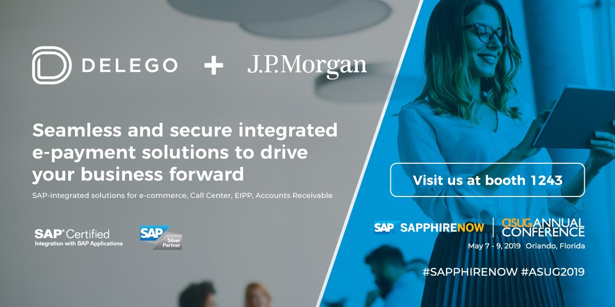 Delego's tweet photo. We’re excited to partner with @JPMorgan at @SAPPHIRENOW! Meet us at booth 1243 and see our latest #digital #payment innovations. Planning your agenda? Request your one-on-one strategy session in advance at jpmorgan@delegopayments.com! #SAP #SAPPHIRENOW #ASUG2019 https://t.co/lzO9ImkbYn