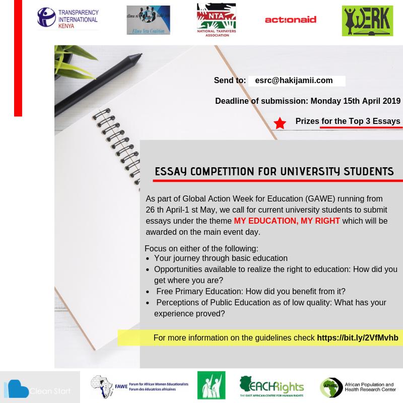 esrc_hakijamii's tweet photo. Call for current students to submit essays under the theme MY EDUCATION, MY RIGHT. This is part of the Global Action Week for Education (GAWE) running from 26th April - 1st May 2019. #RightToEducation
#KOT https://t.co/T7ps1xJeXp