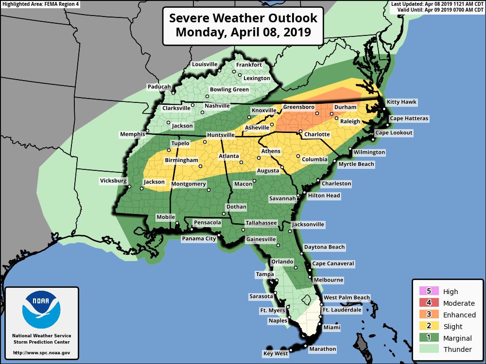 NWS's tweet photo. Strong-to-severe thunderstorms are expected across much of the Southeast today, including an enhanced risk area for strong damaging winds in NC/VA. If you're out and about this afternoon in these areas, be sure to keep your phone handy to receive important weather warnings https://t.co/oCmKKsmJlb