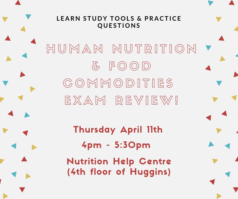 AcadiaNutrition's tweet photo. The final @AcadiaU @AcadiaNutrition Help Centre is on Thursday, April 11 from 4:00 - 5:30 pm. Join TA @Lydia_Acadia in #HugginsScienceHall 416 for an ’Exam Review’ or come w/ questions. When not open for sessions, use the Centre for studying and reading 📚🧐. Hope exams go well! https://t.co/wVQvtX4reN