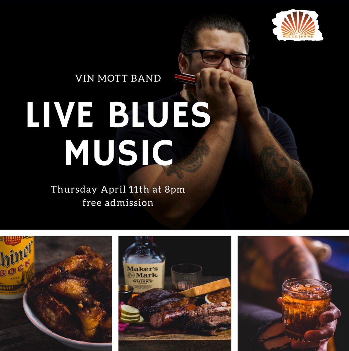 Join Us for LIVE BLUES MUSIC  @vinmottblues Thursday April 11th at 8PM #bluesmusic #jerseycity #livemusic #bbq #whiskey #wings #free