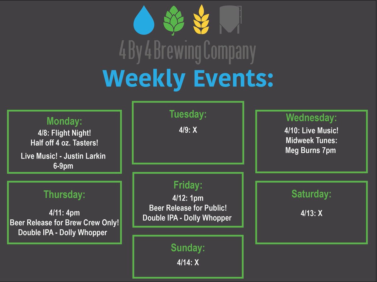4by4Galloway's tweet photo. Weekly events at 4 By 4!
#weeklyevents #417land #thingstogo #keepup #flightnight #livemusic #beerrelease #brewcrewmembers #doubleipa #springfieldmoevents #breweryevents #gallowaydistrict #springfieldmo #4by4brewingco https://t.co/e6M2bjN6qf