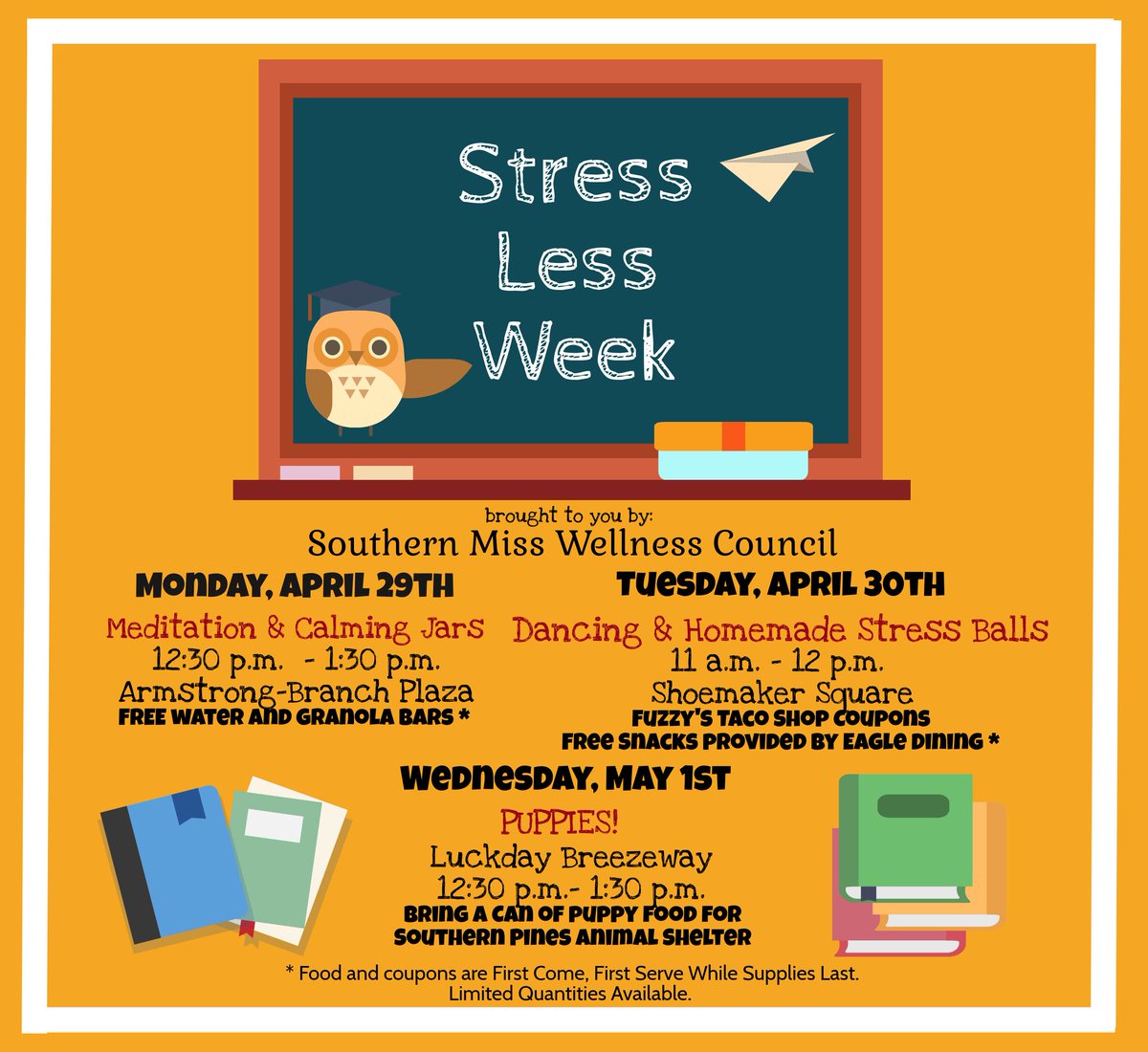 USMhealth's tweet photo. Stress Less Week is almost here! All activities are centered around helping members of the campus community #StressLess as they approach finals week and the end of a busy, but great semester. Take a break and come join the fun! #HealthisGolden #HealthyEagles https://t.co/fEKJigou4H