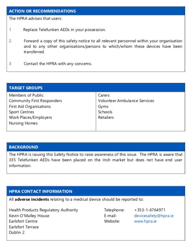 Before we get onto all the “thank yous” for #Respond2019, please see below the important notice from the HPRA re #Telefunken AEDs. If you or your group have one, or if you know of the whereabouts of any, please take action now!