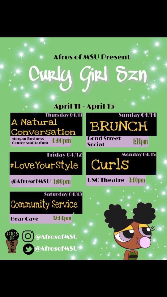 AfrosofMSU's tweet photo. It’s our time 💅🏽it’s our sznnnnn 💪🏿join Afros of MSU on our array of events! Products, free samples, and celebrity guests will be featured 💚 https://t.co/u4SLw26B8K