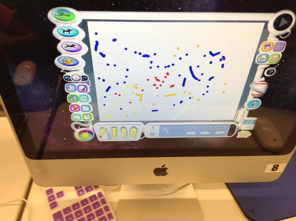 PS11Tech's tweet image. Kindergarten class just heard #TheDot by @peterhreynolds and got inspired to go into #KidPIx3D to make some art of their own. By using lots of white space on the picture we have enough ink to print this great art work in color! Fun in the computer lab with K-201. :~)