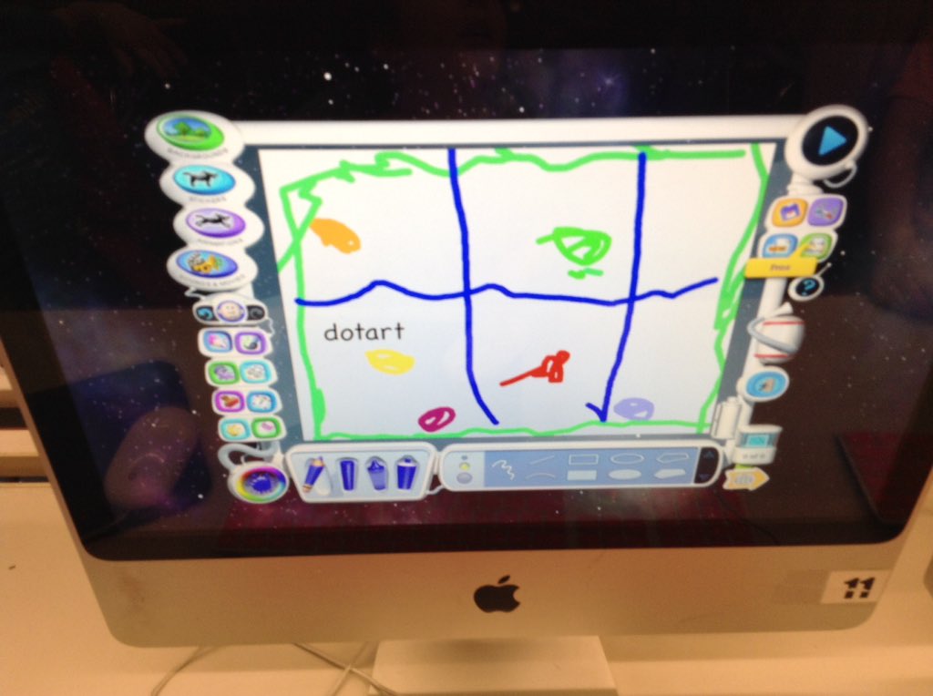 PS11Tech's tweet image. Kindergarten class just heard #TheDot by @peterhreynolds and got inspired to go into #KidPIx3D to make some art of their own. By using lots of white space on the picture we have enough ink to print this great art work in color! Fun in the computer lab with K-201. :~)