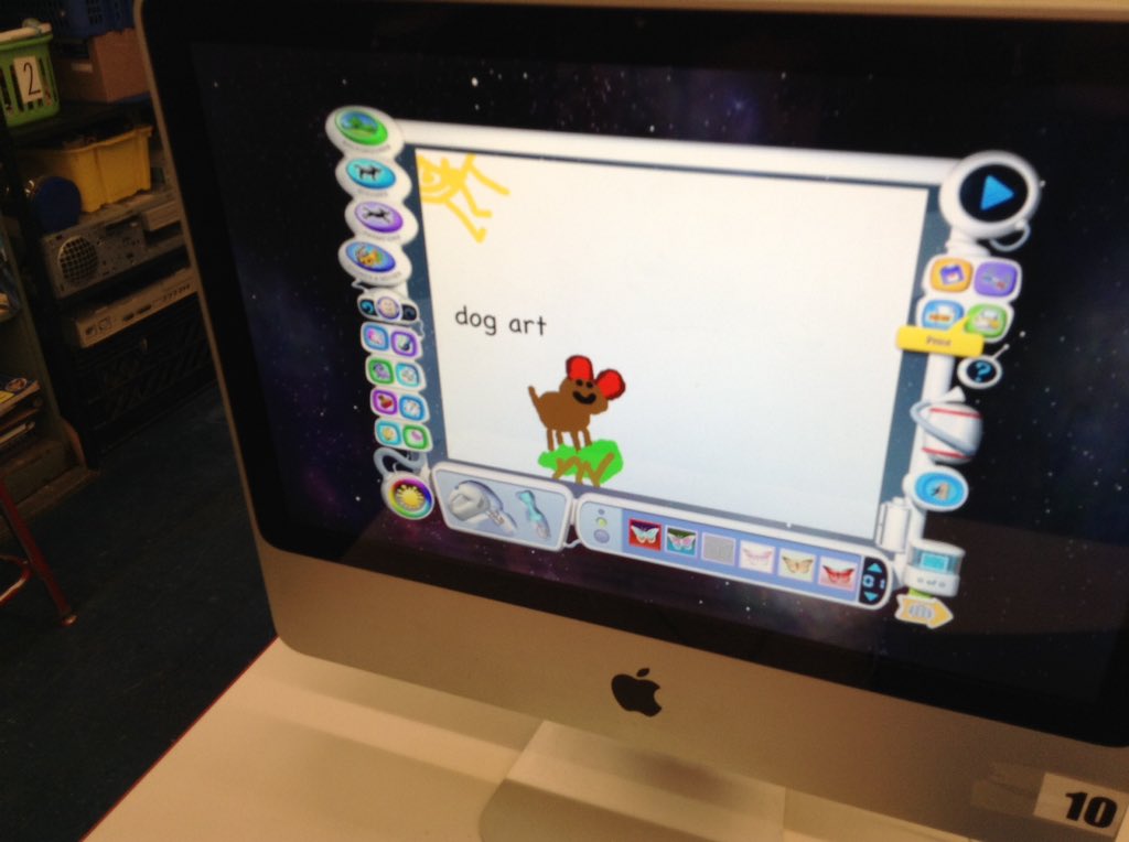 PS11Tech's tweet image. Kindergarten class just heard #TheDot by @peterhreynolds and got inspired to go into #KidPIx3D to make some art of their own. By using lots of white space on the picture we have enough ink to print this great art work in color! Fun in the computer lab with K-201. :~)