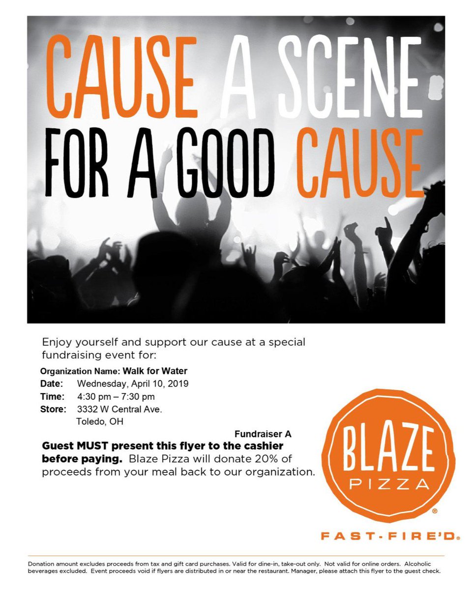 Clean_Water4W's tweet photo. Hey Toledo folks!

Join us this Wednesday, April 10 at @BlazePizzaToledo where 20% of proceeds go to Walk for Water Toledo! 

https://t.co/ToqK1Nlo42

Don't forget to bring your flyer (printd or just show them this photo!) https://t.co/7hfLe1pmUG