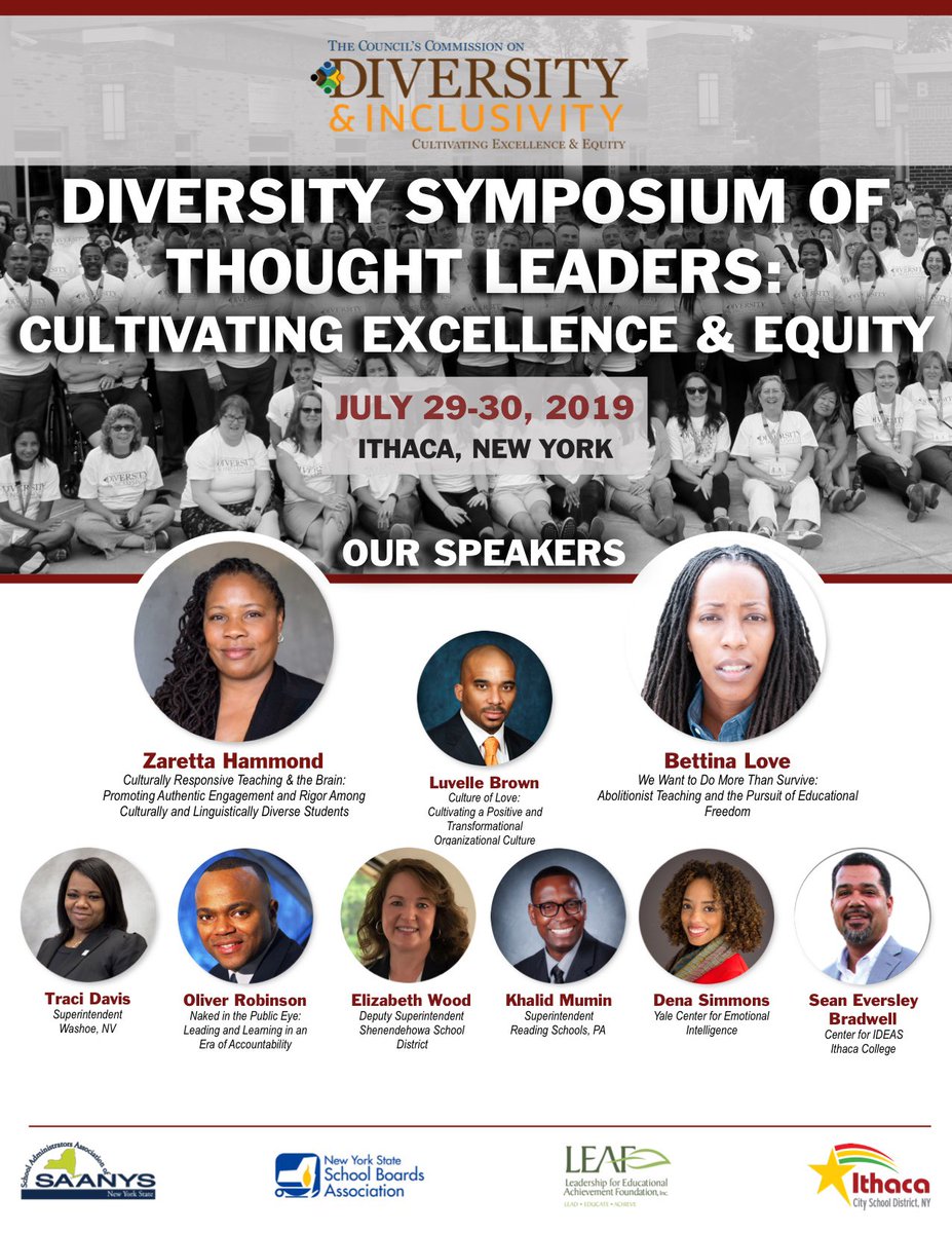 luvelleb's tweet photo. Save the Date-July 29 &amp; 30. Check out the speakers planning to be in Ithaca for what will be the nation’s premier summer professional development event. The @NYSchoolSupts Diversity Symposium of Thought Leaders registration information will be available soon. https://t.co/rPG5ViuOvI