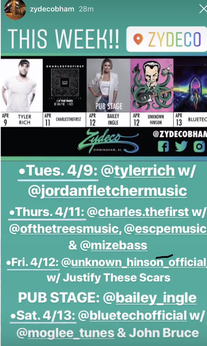 inglet4's tweet photo. Come out @Zydecobham Friday 4/12 @bailey_ingle Pub Stage! #Birmingham #Nashville #songwriter #BaileyIngle #Alabama https://t.co/9yU6bM7TMv