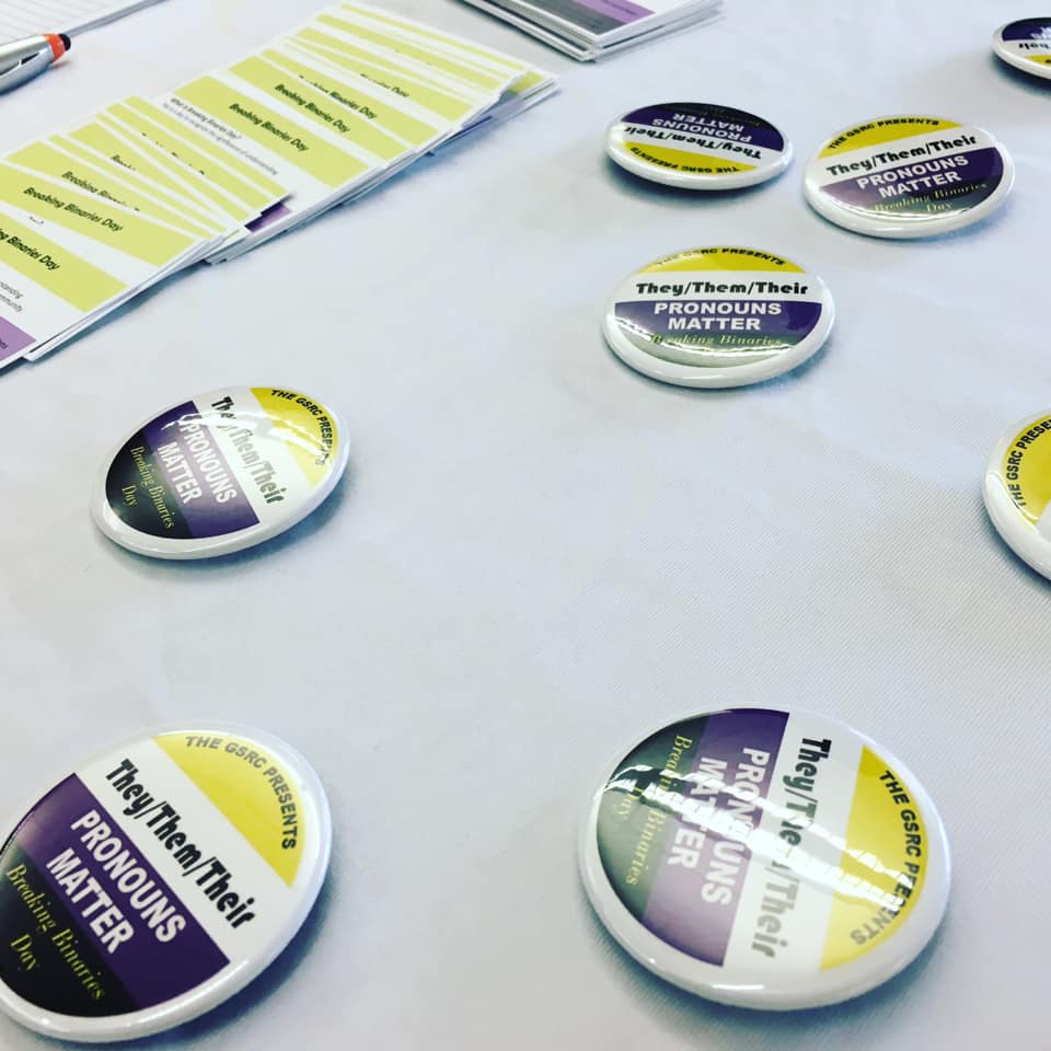 OneontaGSRC's tweet image. Participate in Breaking Binaries Day on Wednesday by coming to our table in Hunt Union today and tomorrow between 1-5pm. Help us spread the word on why it’s important to respect all identities and pronouns! 🎉🌈