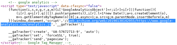 This is a tracking protection evasion trick I hadn't seen before: muchoburrito(.)com is loading a snapshot of the Google Analytics script from web.archive.org.

Of course, it's already included in the EasyPrivacy list.