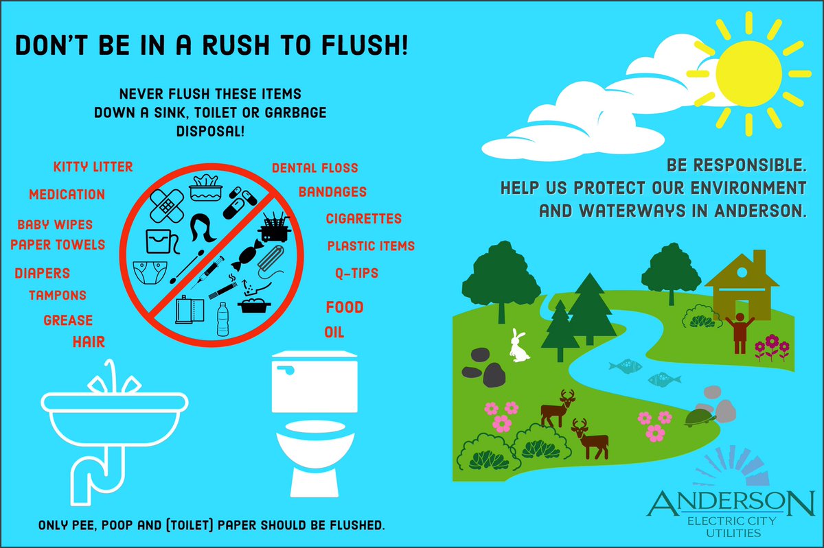 waterwoman44's tweet photo. Just an adorable infographic about what NOT to flush in a rush 😊💩💧 #COASC #AndersonSC #water #WaterManagement #watershed #environment  #wastewater https://t.co/uLZ1VqnRFi