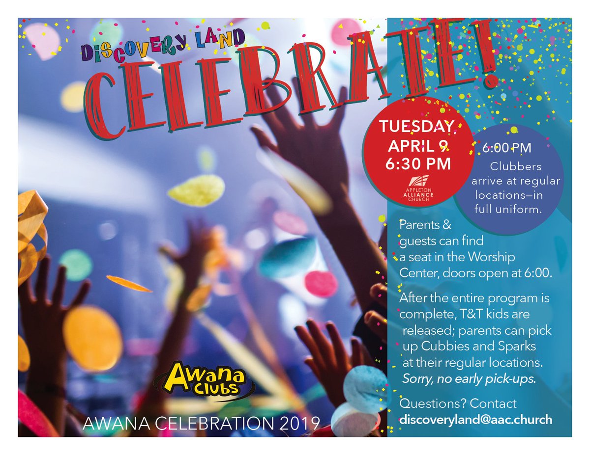 aacdl's tweet photo. It's almost here...tomorrow is the 2019 Awana Celebration! We can't wait to have all our DL families here to celebrate all your kids have accomplished through Christ! DL and worship center doors open at 6:00 p.m. Kids must arrive no later than 6:10 p.m. https://t.co/3u33NzGnAa