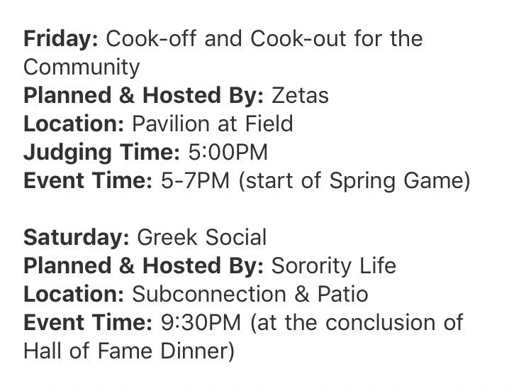 Greek Week is officially started! Attached is a list of events. Locations may change due to weather but we will keep you updated! Let’s have a awesome week!!