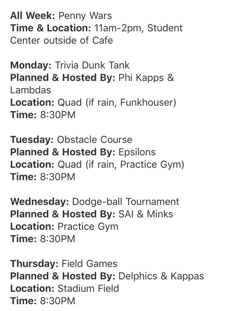 ab_greek's tweet photo. Greek Week is officially started! Attached is a list of events. Locations may change due to weather but we will keep you updated! Let’s have a awesome week!! https://t.co/IV954qhDaJ