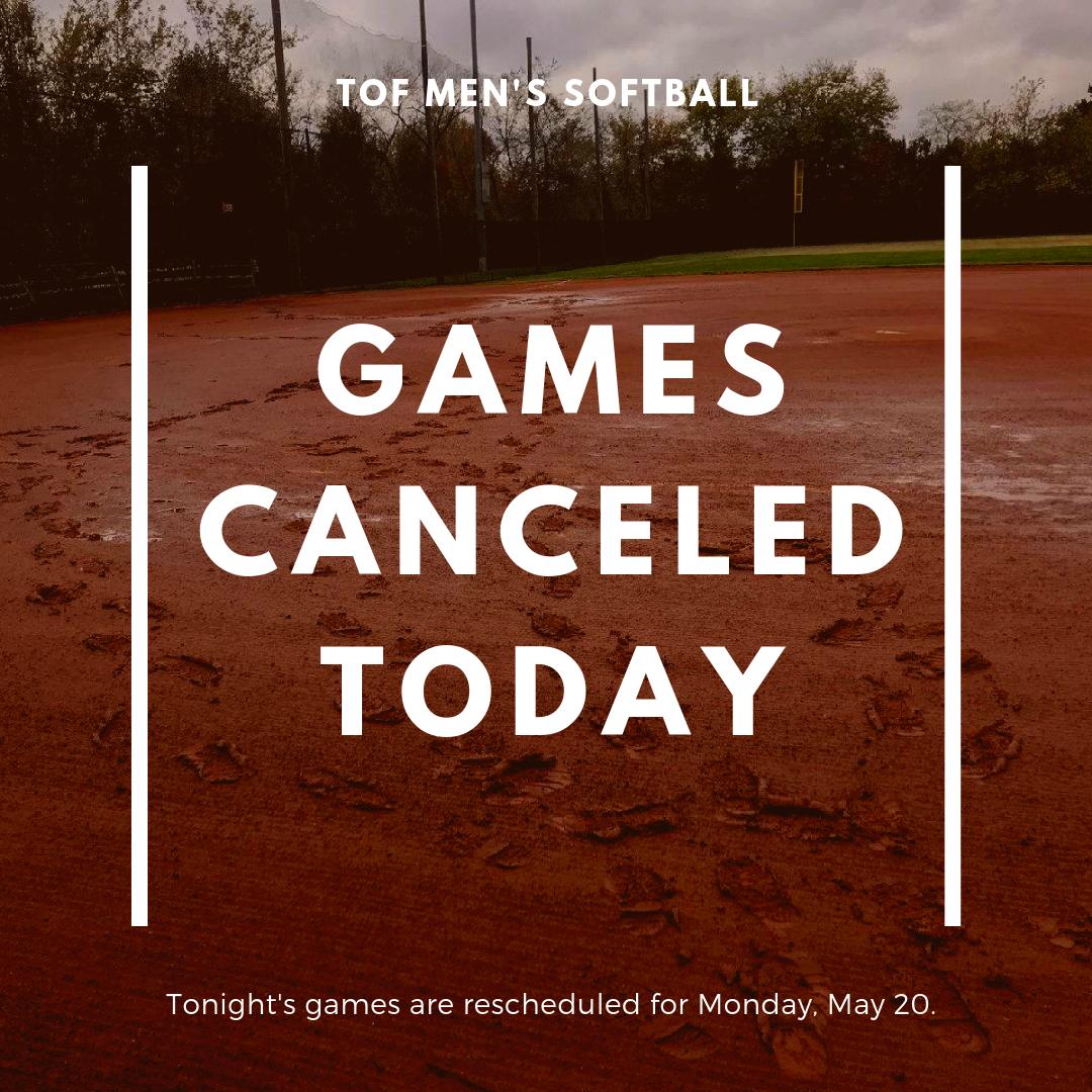 ToFSoftball's tweet photo. Tonight's softball games are canceled due to wet field conditions. Tonight's games have been rescheduled for May 20. https://t.co/qcEvnqdowJ