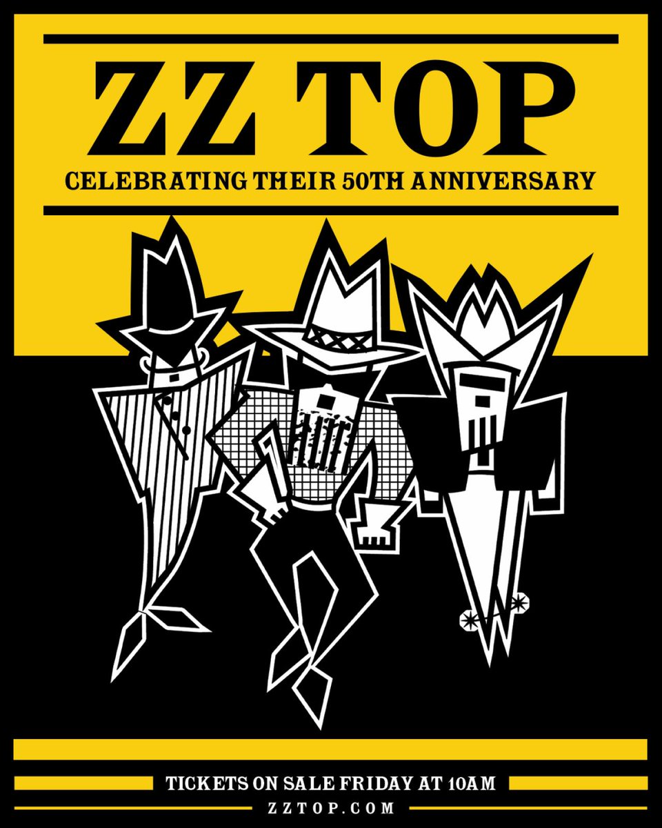 BillyFGibbons's tweet photo. "ZZ TOP'S 50th ANNIVERSARY NORTH AMERICAN TOUR THIS SUMMER/FALL - TICKETS ON SALE FRIDAY, APRIL 12 @ 10AM" - Check it out here: https://t.co/F9gwYTaOVh https://t.co/dBMVXBsc00