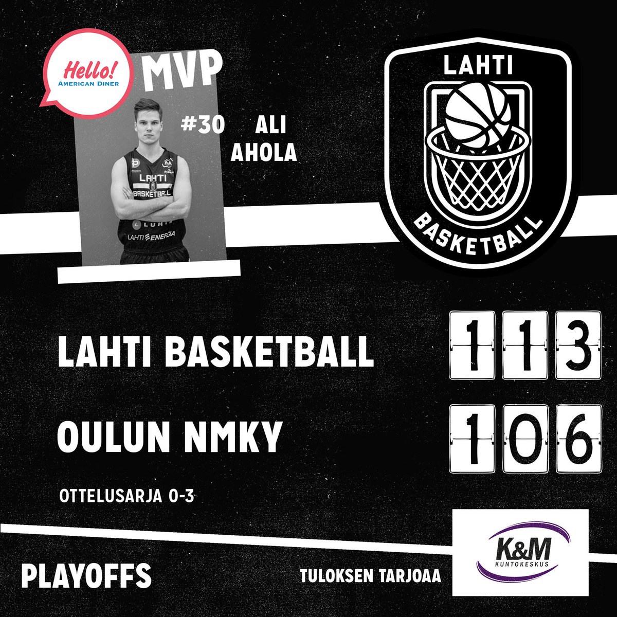 Huh huh! 

Lahti Basketball marssi finaaliin vähintäänkin värikkäiden vaiheiden jälkeen. @YnniKoripallo kaatuu kolmannen kerran trillerissä vasta jatkoajan jälkeen. 

🎩 päästä @ynnikoripallo huikeasta taistelusta. 

Finaalissa vastaan tulee <a href="/biisonit/">BISONS</a>  
#lahtibasketball