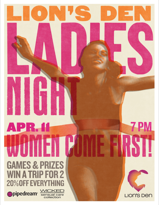 thelionsden's tweet photo. Join us 4/11/19 for Ladies Night! 🏝️ ✈️ Enter to WIN a #vacation #trip for two - 20% OFF everything in the store - #Games, #Prizes, and More! For details visit: https://t.co/G7f8ia4nda | Powered by @pipedreamtoys and @WickedSensual 💖#ladiesnight #womencomefirst #lionsden https://t.co/jDdilpj2pV