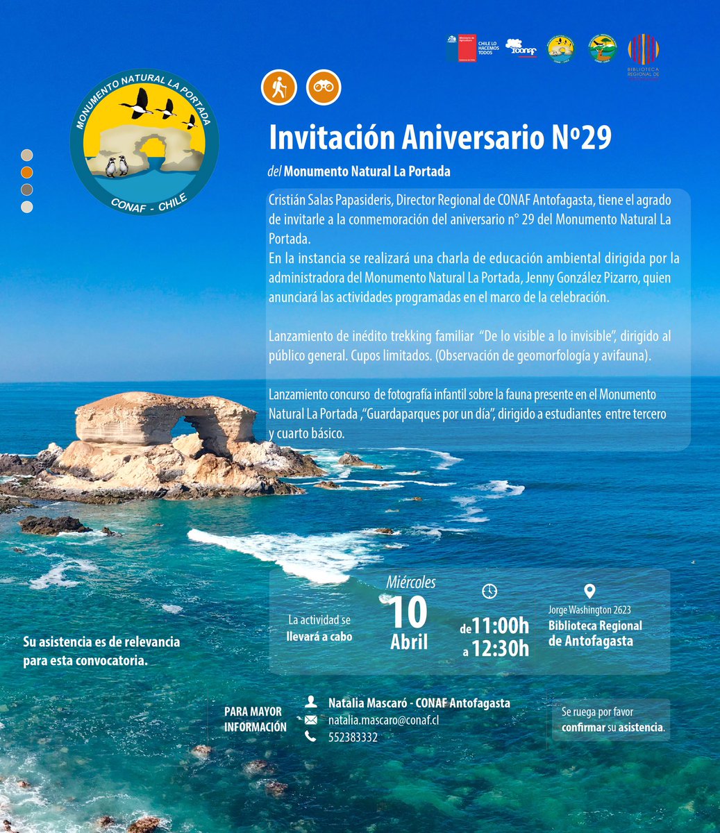 CONAFantof's tweet image. #CONAFAntofagasta | Están todos invitados a la ceremonia para celebrar los 29 años de vida del Monumento Natural La Portada este miércoles 10 de abril, de 11:00 a 12:30, en la Biblioteca regional de #Antofagasta. ➡️Anunciaremos muchas actividades 😱 ¡No te lo pierdas! 🌊🐧