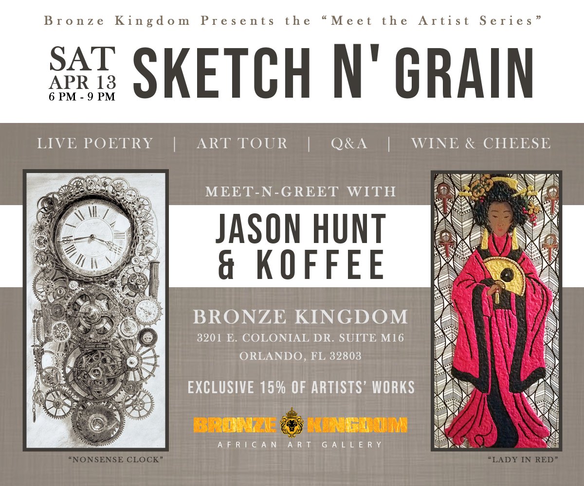 AfricanBronze's tweet photo. Our 🎨 Meet the Artist Series is THIS SATURDAY! Check out one of our featured artist Jason Hunt &amp; his graphite pencil ✏️ drawings. DON'T MISS OUT RSVP NOW! https://t.co/CcN4EKRhMt #bronzekingdom #jasonhunt #bronze #art #orlandoartgallery #africanart #artgallery #orlandoartist https://t.co/Dw25LSQ7X7