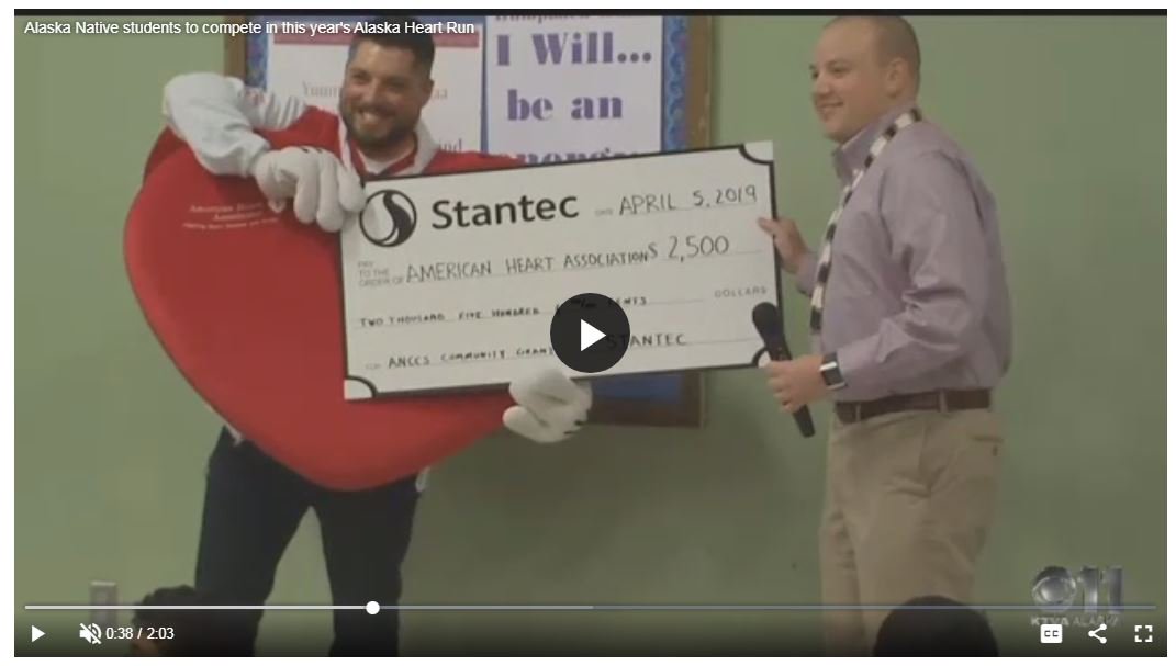 Stantec's tweet photo. VIDEO: Watch the students at Alaska Native Cultural Charter School, Dustin Morris from @AlaskaAHA & our Adam Leggett talk about the #AlaskaHeartRun on @ktva with @leval_dave. We are #StantecProud to sponsor school and all its students in this year’s run. https://t.co/GXF5YbFqIq https://t.co/1kvhbhgsCY