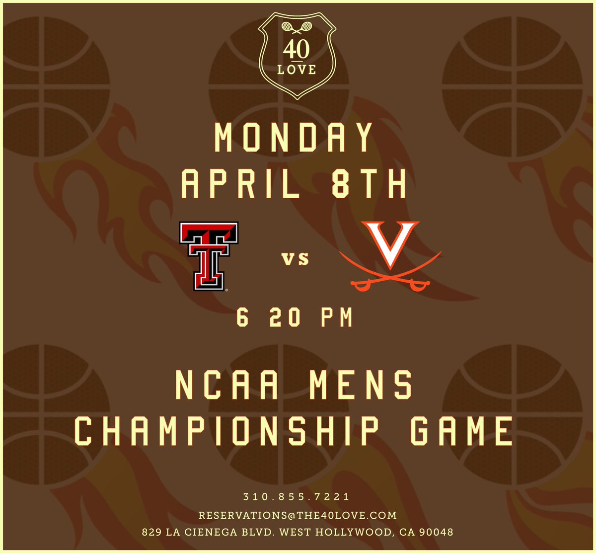 The #MarchMadness CHAMPIONSHIP is here! 🙌🏀 Tonight is THE night - get here early to watch the game here, get down on some @themckitchen wings & get LOUD! See you soon... tip-off is at 6:20PM! #ncaabasketball #nationalchampionship #40Love