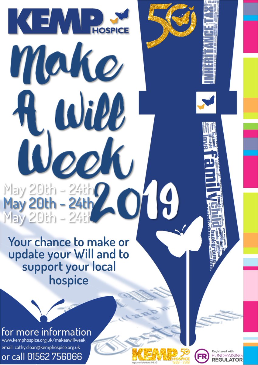 KEMPHospice's tweet image. Final #WorcestershireHour tweet.

Our #MakeAWillWeek returns May 20-24th.

Call to book your free place with these great legal firms: @mfgsolicitors @Painters_law @talbotslaw @Thursfields @WestonsWills Norris &amp;amp; Miles @wrightsolicitor in return for a donation to @KEMPHospice 🦋✒