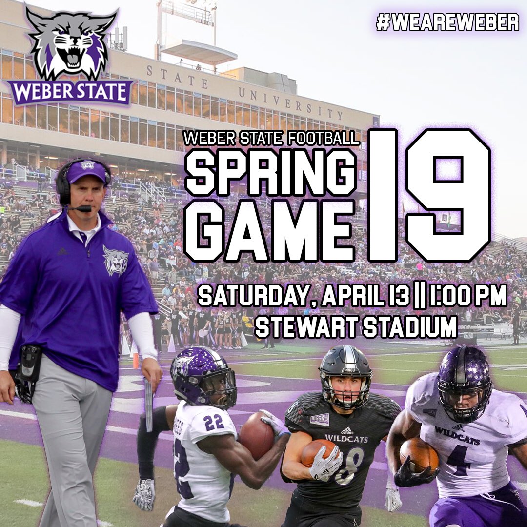 weberstate's tweet photo. 🏈 Football 🏈

Come and join the Wildcats this Saturday!

⏰: Gates open at Noon
🎟: Free Admission
-Adidas apparel yard sale
-Inflatable Bounce Houses
-First 100 fans will receive a Big Sky Conference Back to Back Champions T-shirt.

#weareweber https://t.co/yAK1Vf2bXl