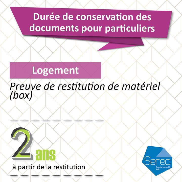 SERECExperts's tweet image. Durée de conservation des documents pour particuliers

Preuve de restitution de matériel (box) : 2 ans (à compter de la restitution) #serecexperts
