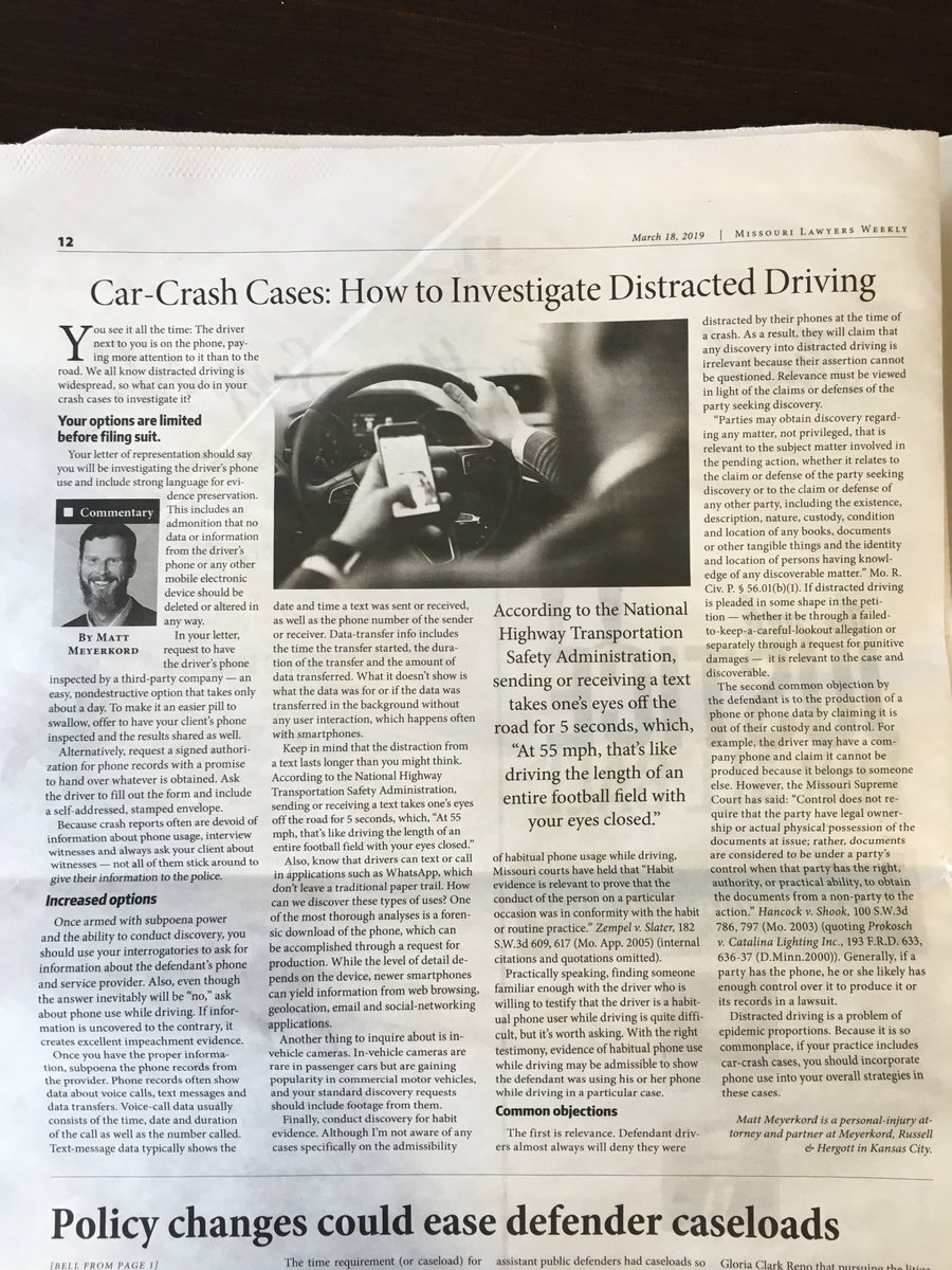 MeyerkordKC's tweet photo. Thank you @MoLawyersMedia for publishing my article on how to investigate distracted driving in car crash cases. We have to work together to end this epidemic. https://t.co/GzbaN8mXRQ #JustDriveKC #JustDrive https://t.co/V5F5S085MM
