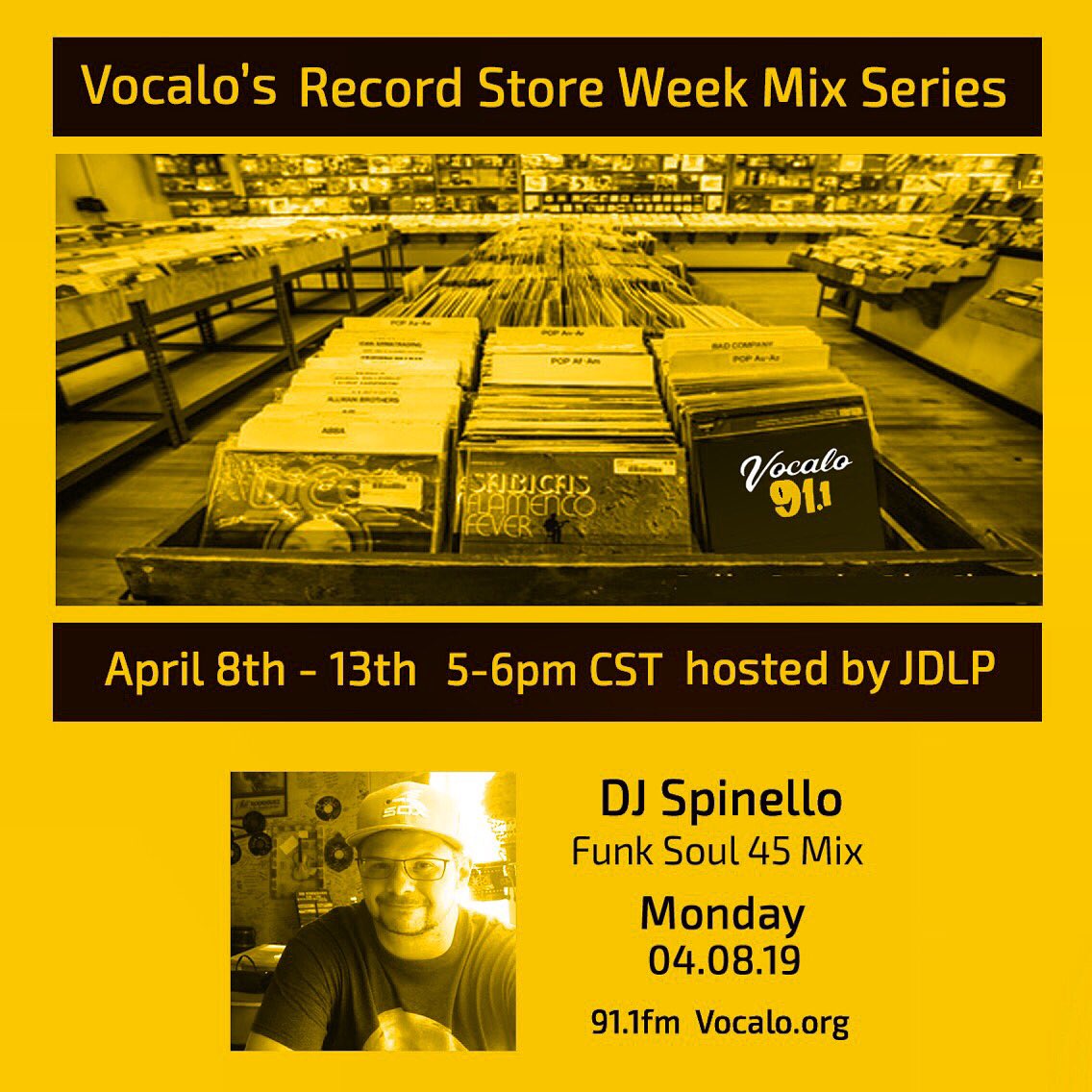 jessedelapena's tweet photo. Today we are kicking off our "Record Store Week" Mix Series" (5-6pm CST) special guest @spinello (Funk Soul 45 Mix) on @Vocalo 91.1fm 04.08.19 https://t.co/LuGNERButS tune in all week (5-6pm CST) #ChiSoundsLike #RecordStoreWeek #DjSpinello https://t.co/7VFO5ITm4l
