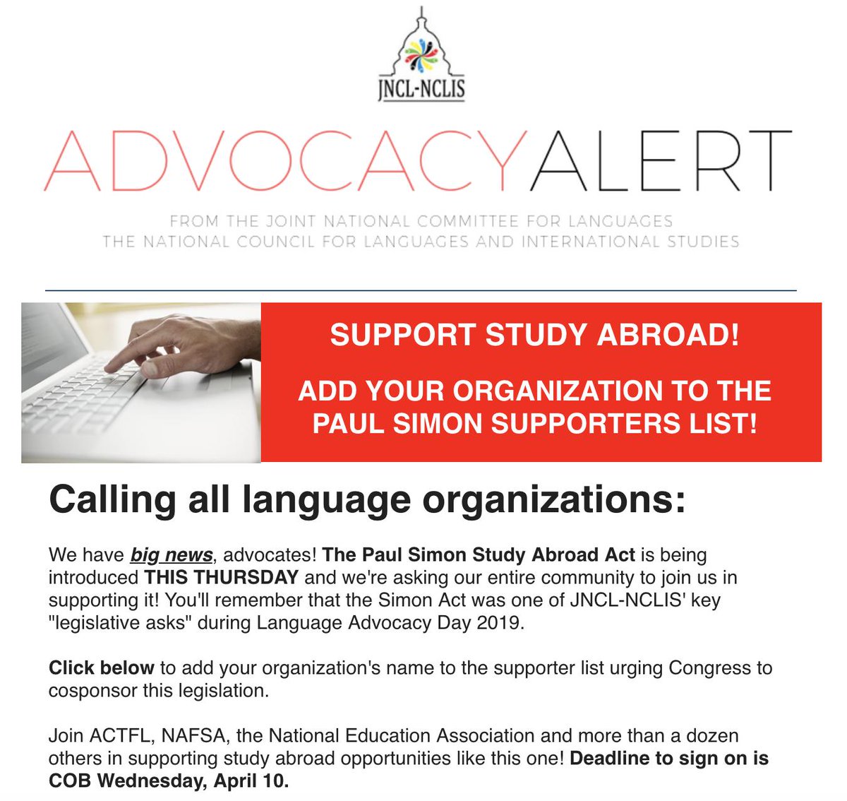 AATSPglobal's tweet photo. Advocacy Alert! 

The Paul Simon Study Abroad Act is being introduced THIS THURSDAY. We're asking our entire community to join us in supporting it! 

Click below to sign the petition and learn more.
https://t.co/YESscbFsqZ https://t.co/6FZTDP6VUY
