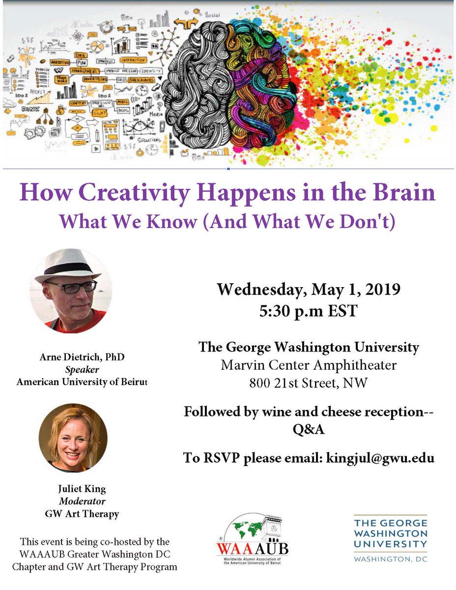 Brilliant Cognitive Neuroscientist Arne Dietrich speaks on CREATIVITY AND THE BRAIN &amp; YOU'RE invited!!! #creativity#neuroscience#GWArtTherapy#AUB
