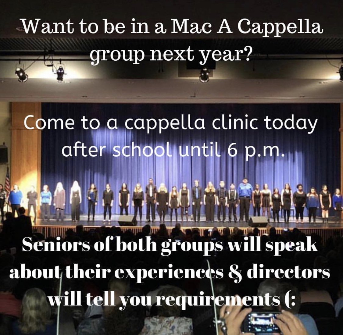 Planning on auditioning for PFC or Aperture next year? Come to the A Cappella clinic to learn about experiences the seniors have had and any questions you may want to ask them