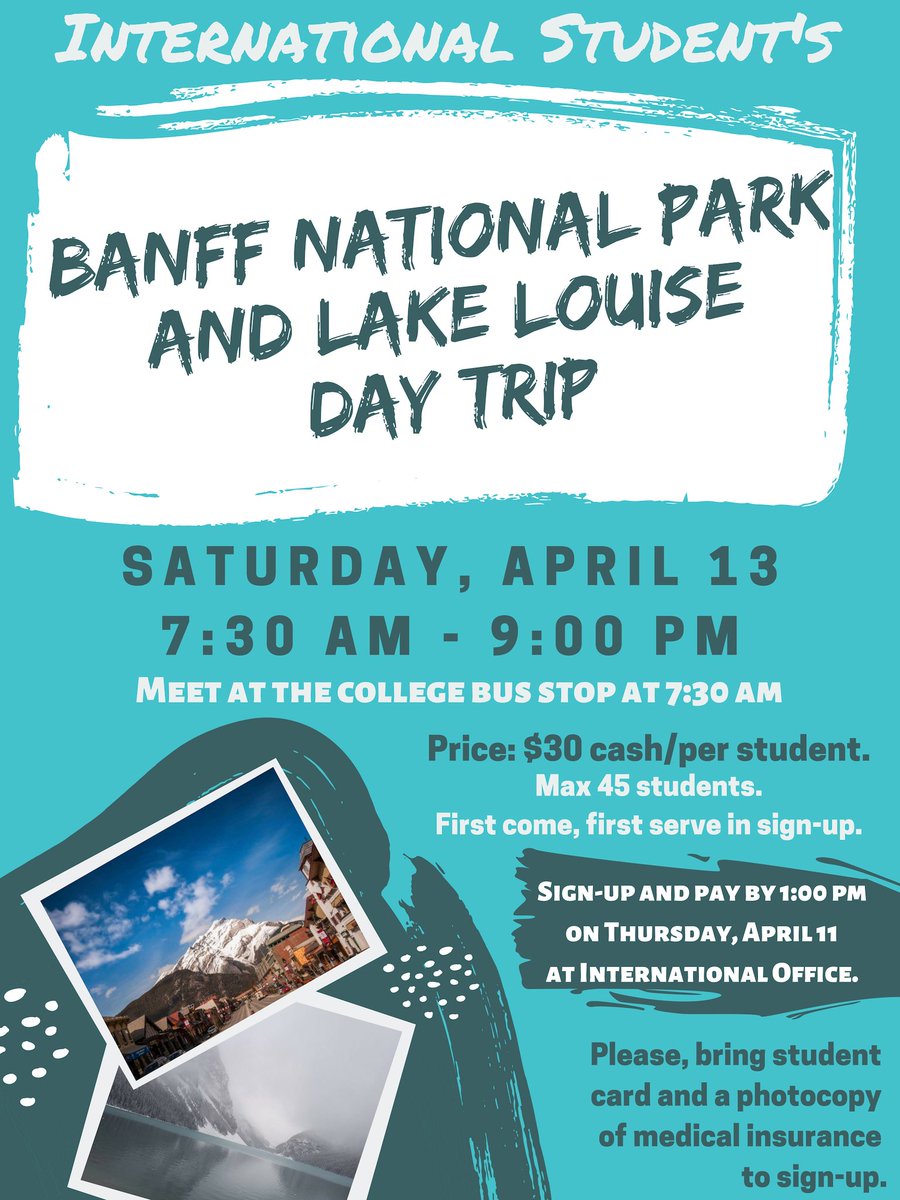 COTR_IntlEd's tweet photo. Don't forget  to sign up and pay for this fantastic trip to Lake  Louise and Banff! Last day is this Thurs, April 11th before 1pm.  

Bring a copy of your medical card and student ID #MondayMotivation https://t.co/Gm1BBMIsl1