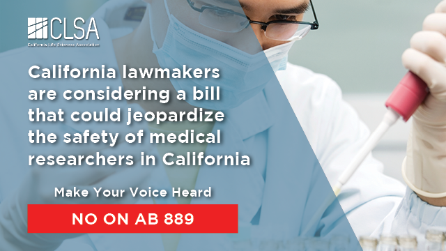 CALifeSciences's tweet photo. California Lawmakers are considering a bill that could jeopardize the safety of medical researchers. 

Make your voice heard: #AB889 is the wrong answer https://t.co/VA15kDHbcS. #CALeg https://t.co/uaD2kV3CA9