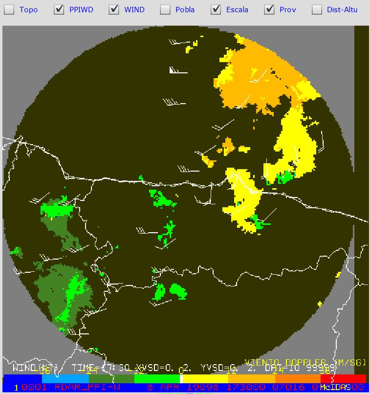 AEMET_Asturias's tweet photo. La imagen del radar Doppler parece indicar estructura de supercélula: parece verse estructura giratoria mesociclónica (nótese que el radar de Asturias está en Salas). https://t.co/rwrSGG30Wy