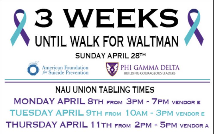 fiji_nau's tweet image. Our 3rd annual Walk for Waltman will be on Sunday, April 28th from 11-1 in the North Quad on campus. We will be selling T-shirts for the walk in the union this week for $25. All proceeds will go directly to the American Foundation for Suicide Prevention. Link is in our bio.